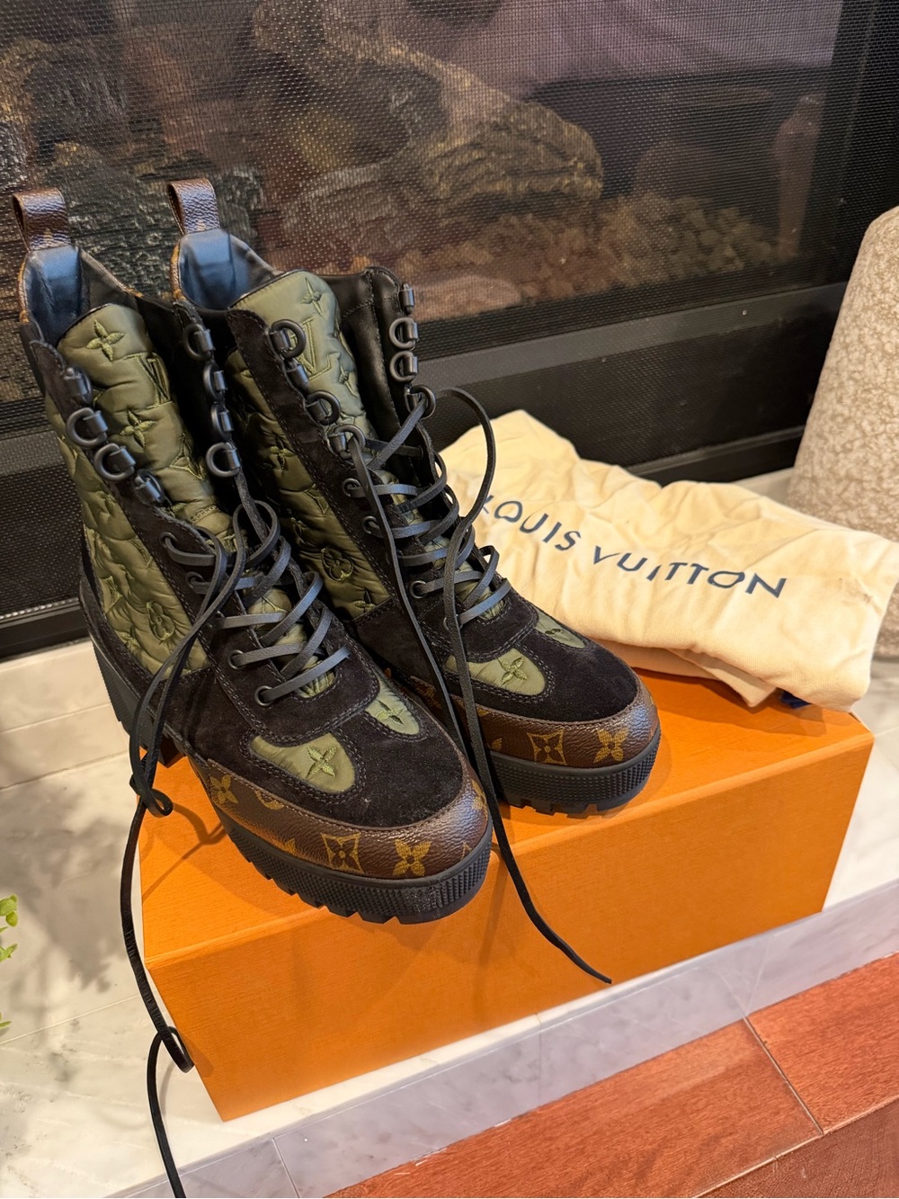 Louis Vuitton Olive Green & Brown Monogram Quilted Combat Boots